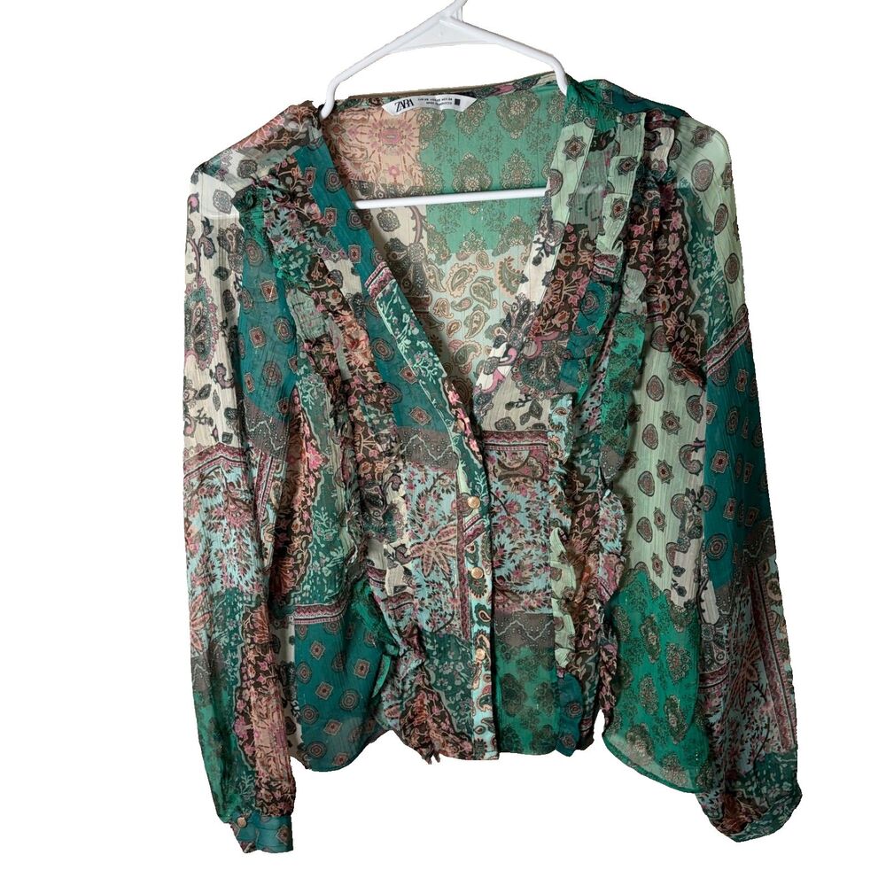 Zara Blouse Women's XS Sheer Button Up V-Neck Long Sleeve Colorful Shirt Top